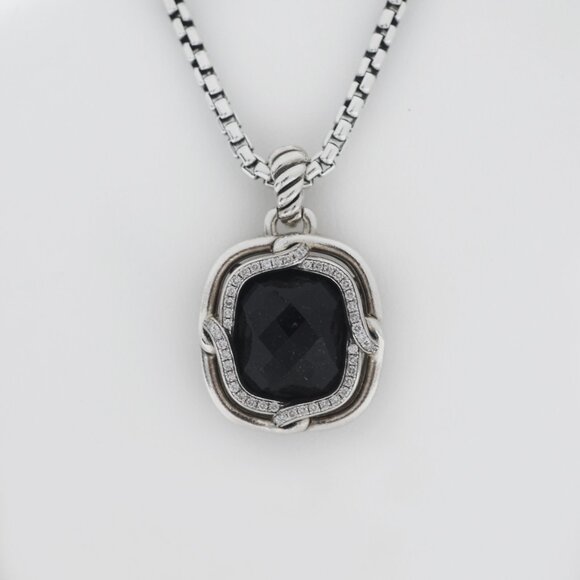 David Yurman 925 Silver Labyrinth Onyx and Diamond Pendant Necklace - Picture 4 of 6